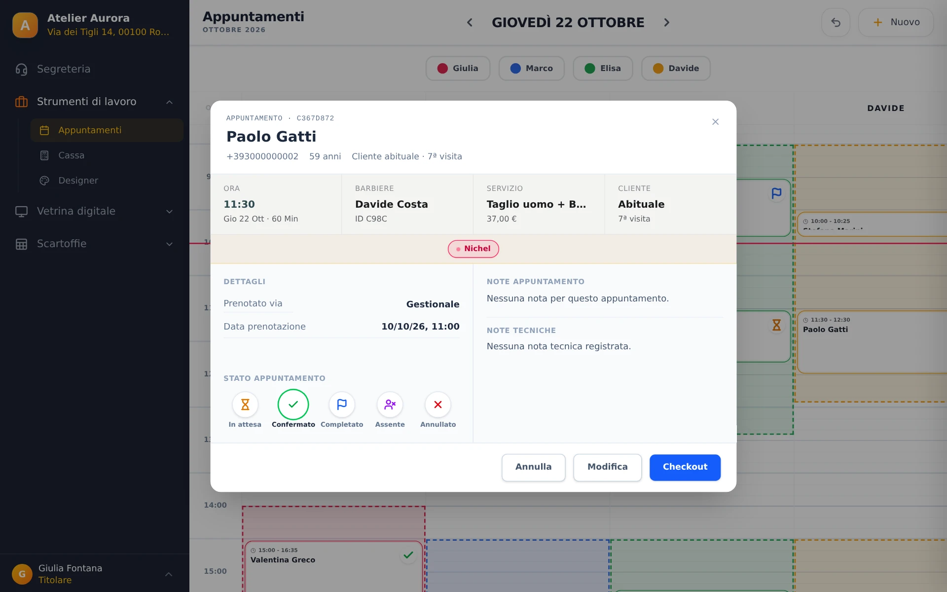 La scheda di un appuntamento aperta, con i quattro riquadri, le allergie e i cinque stati.