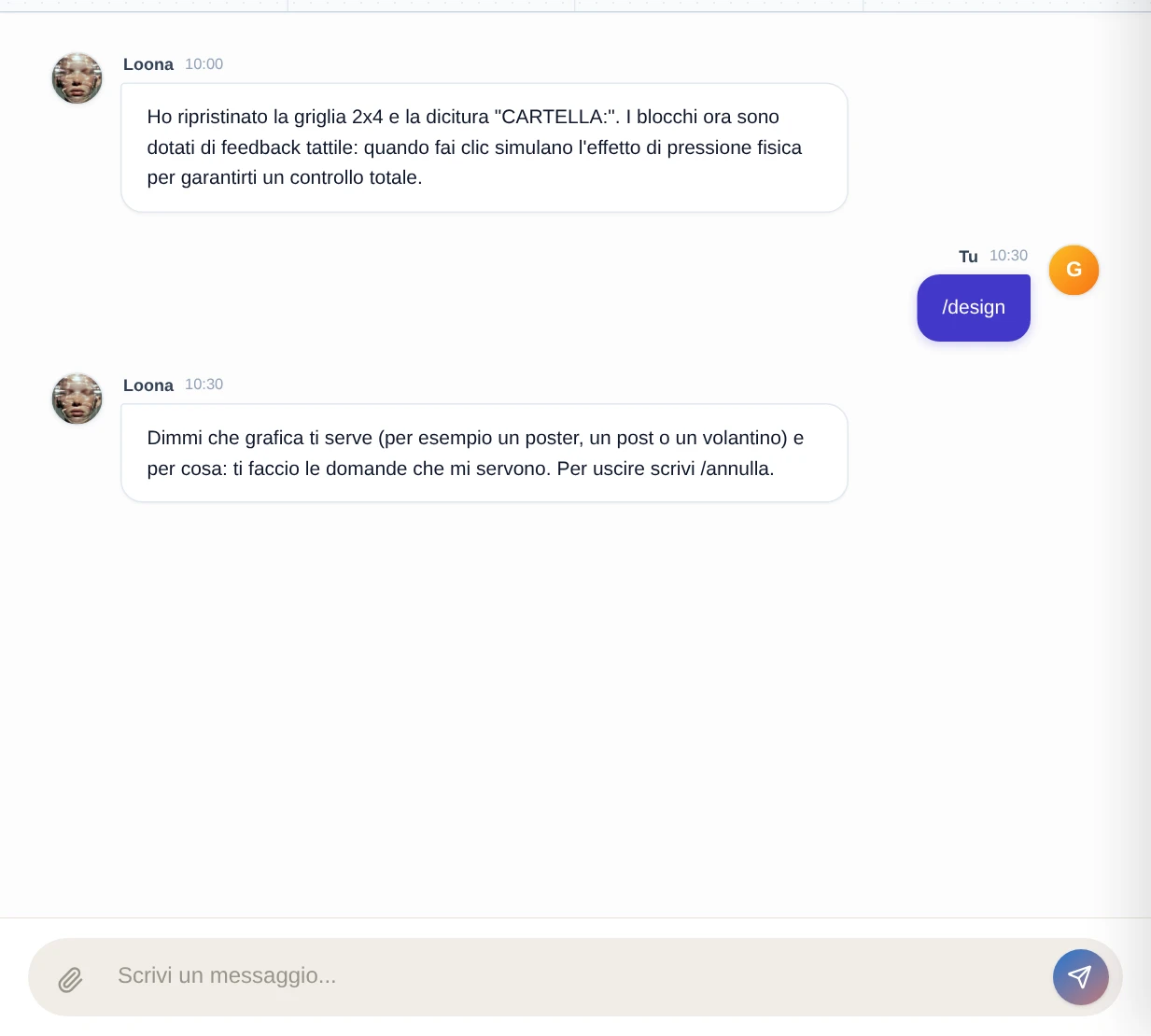 La chat della Segreteria subito dopo «/design», con la richiesta di dire che grafica serve.