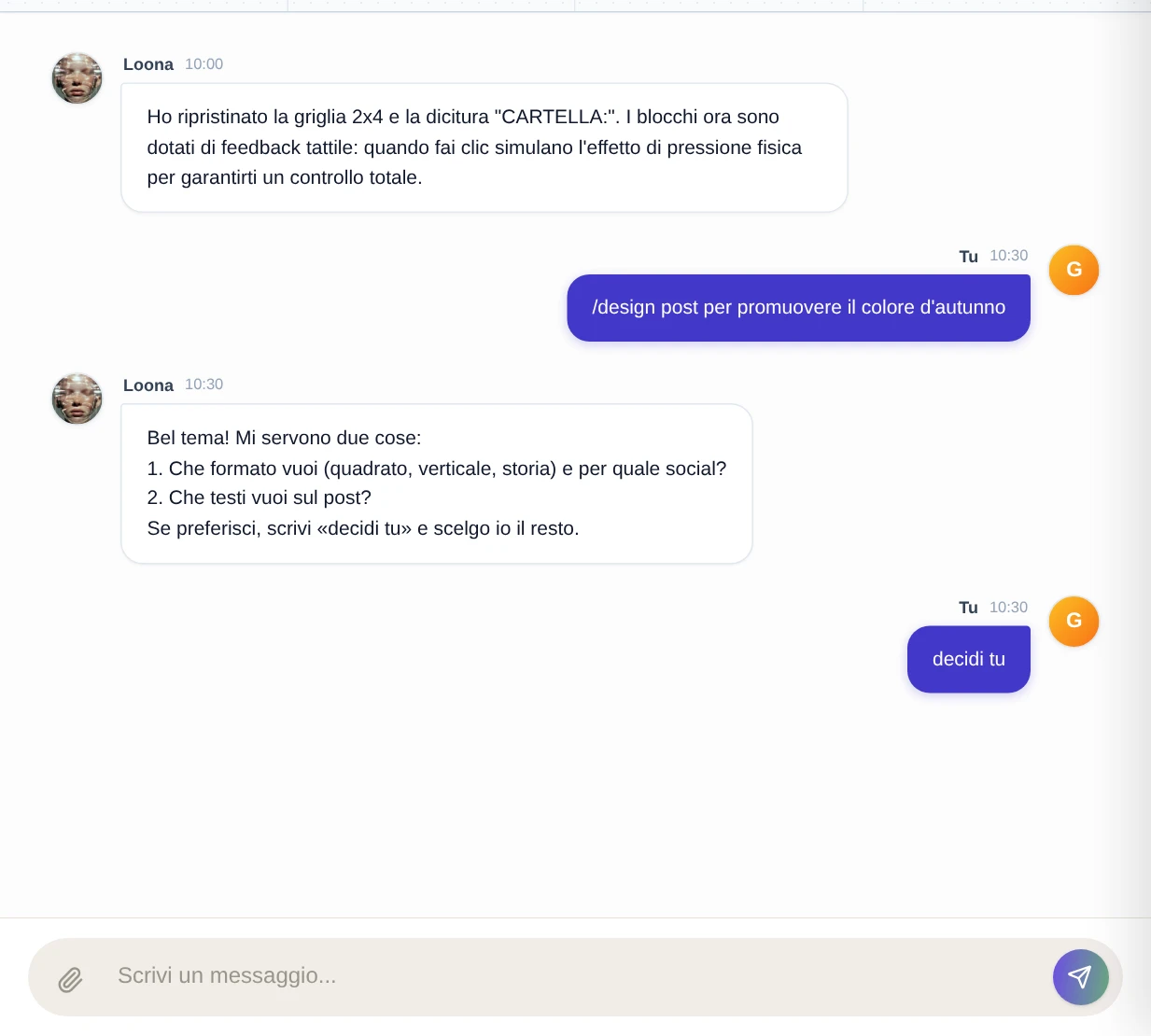 Due domande dell’assistente, su formato e scopo e sui testi, e la risposta «decidi tu».