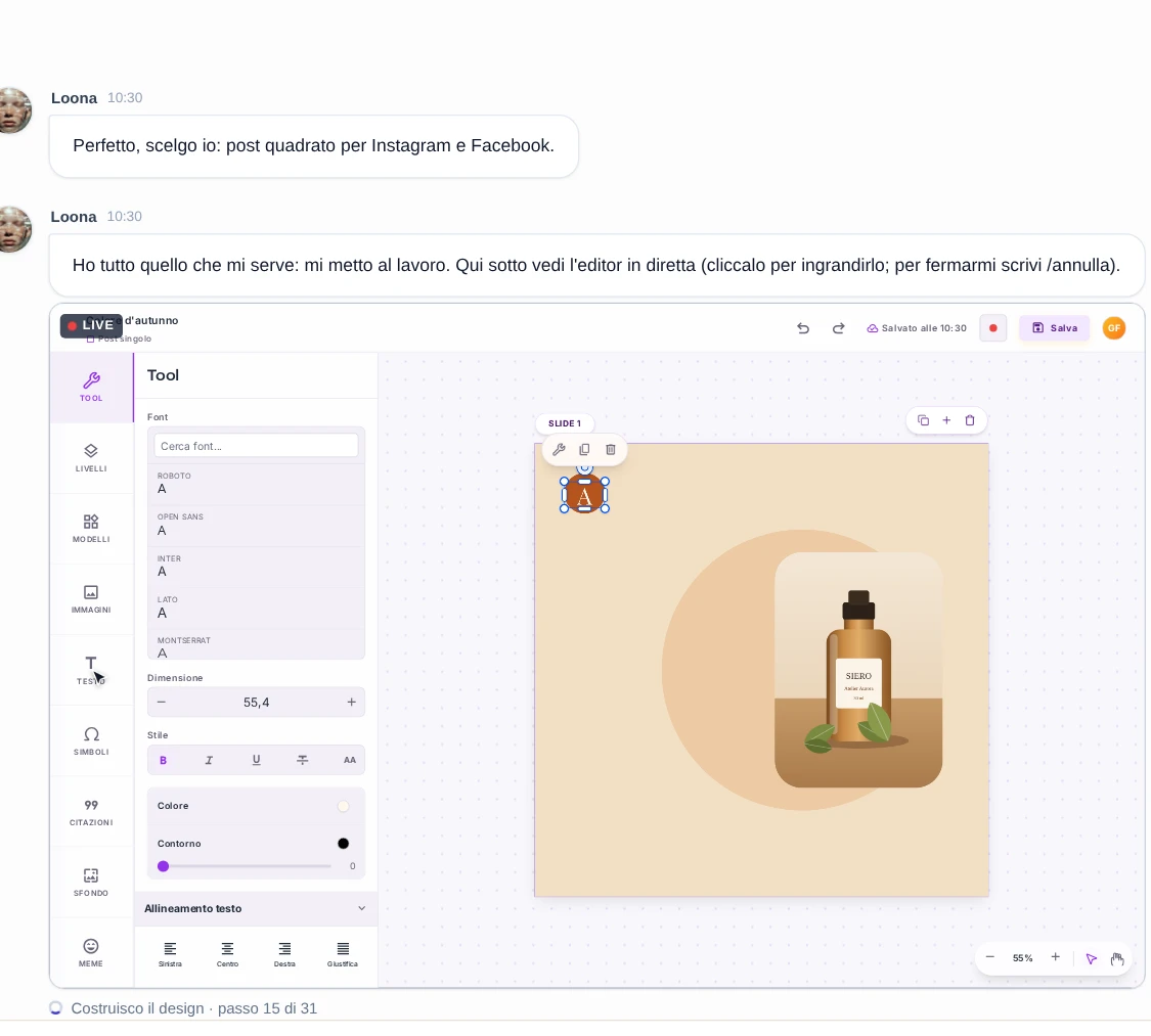 Il riquadro dell’editor in diretta con un post a metà e, accanto, le righe di stato del lavoro.
