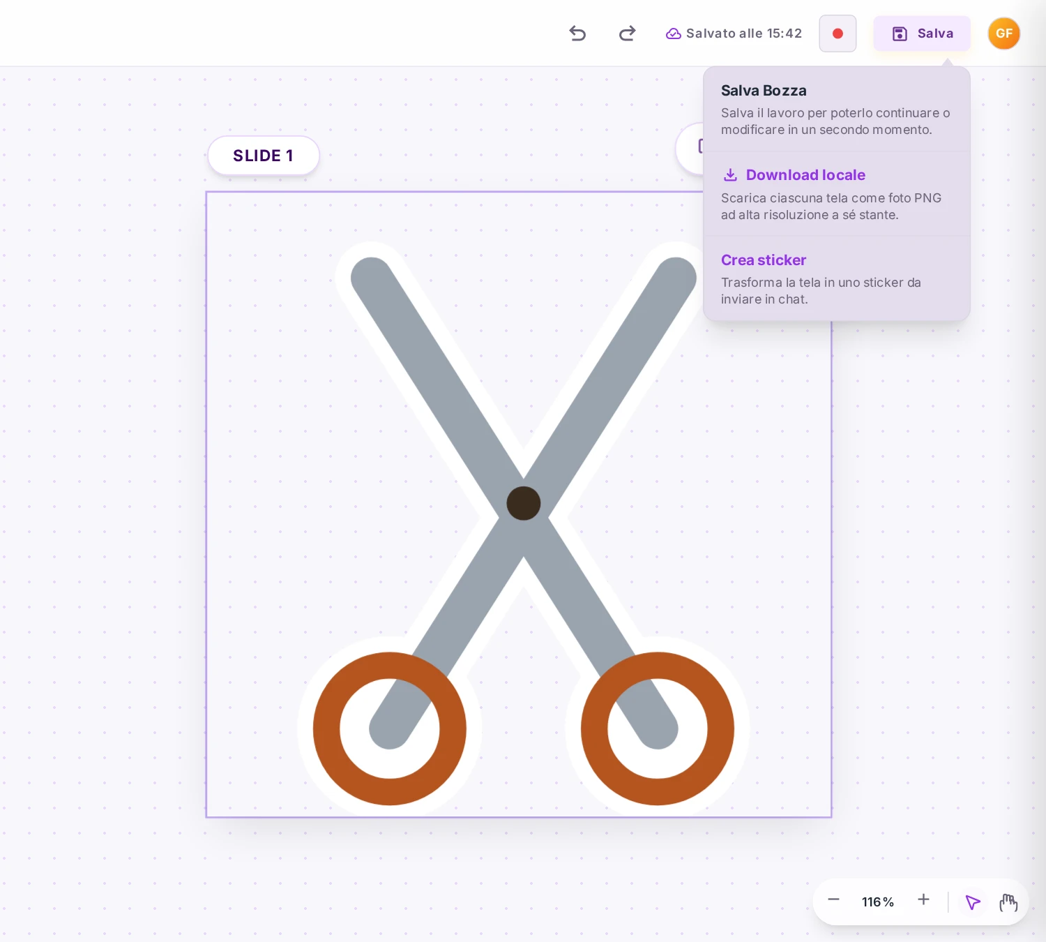 Il Designer con una tela 512 × 512 e un disegno di forbici, e il menu Salva aperto sulla voce «Crea sticker».