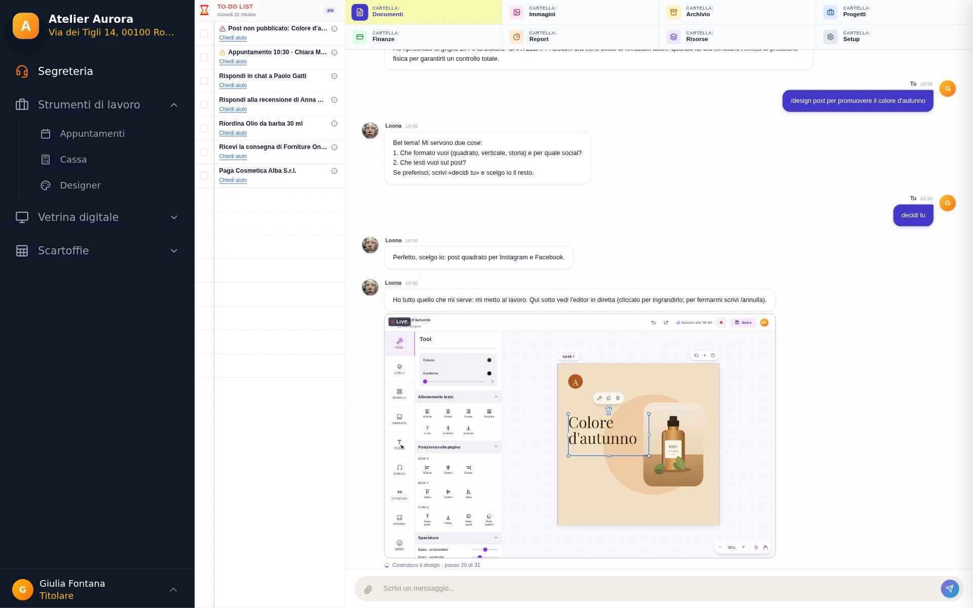 La chat della Segreteria con il comando «/design», le due domande dell’assistente e, sotto, l’editor con un post a metà costruzione.