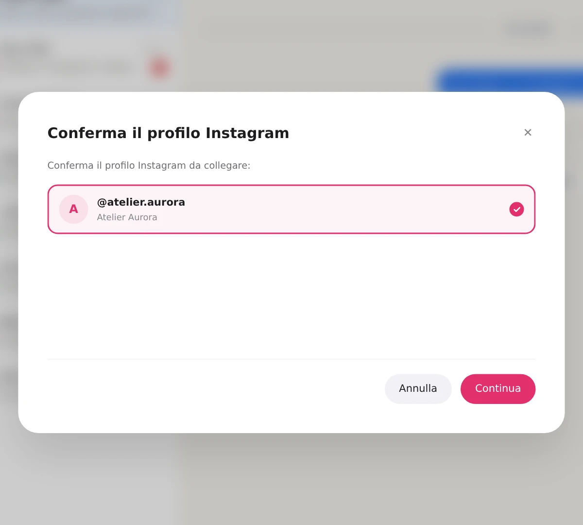 La schermata «Conferma il profilo Instagram» con una sola riga selezionata e il pulsante Continua.