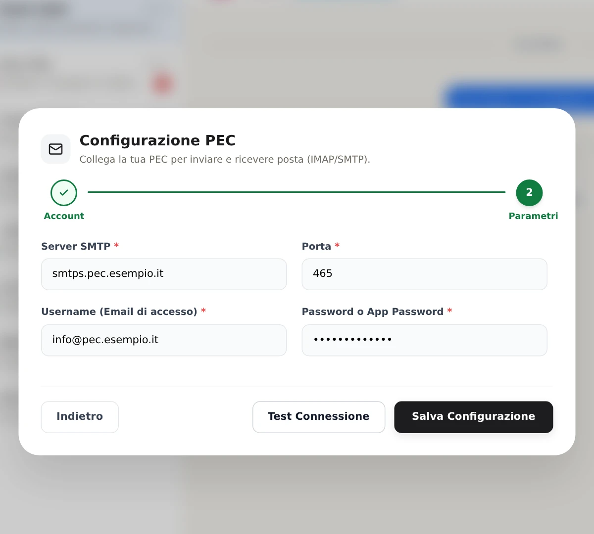 La configurazione della PEC al passo Parametri, con server, porte e pulsante di prova.