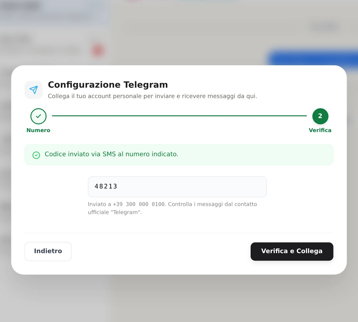 La configurazione di Telegram al passo Verifica, con il campo del codice.
