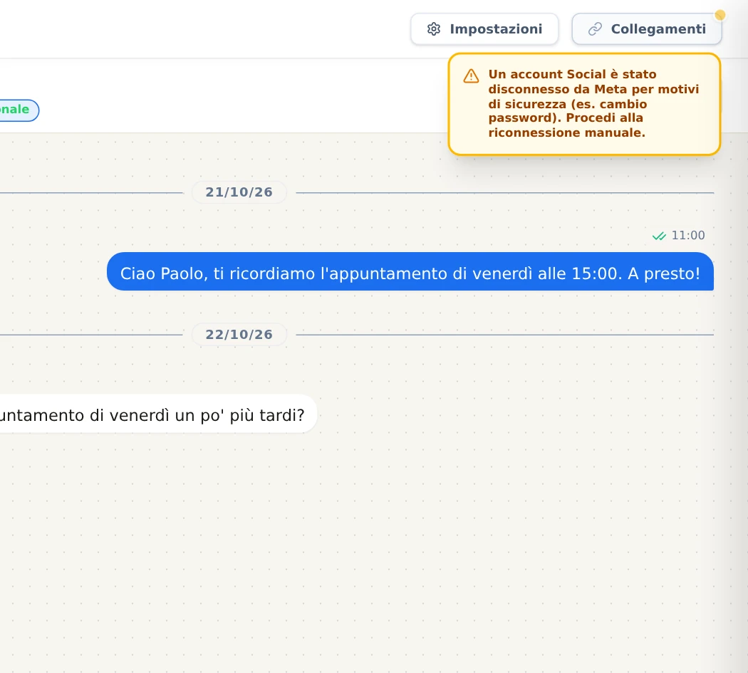 La barra di Comunicazioni con il pulsante Collegamenti, il pallino ambra e il suggerimento aperto.