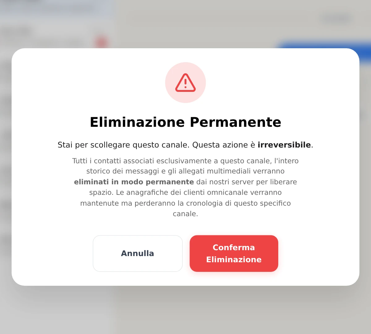 La finestra «Eliminazione Permanente» con l'avviso e i pulsanti Annulla e Scollega.