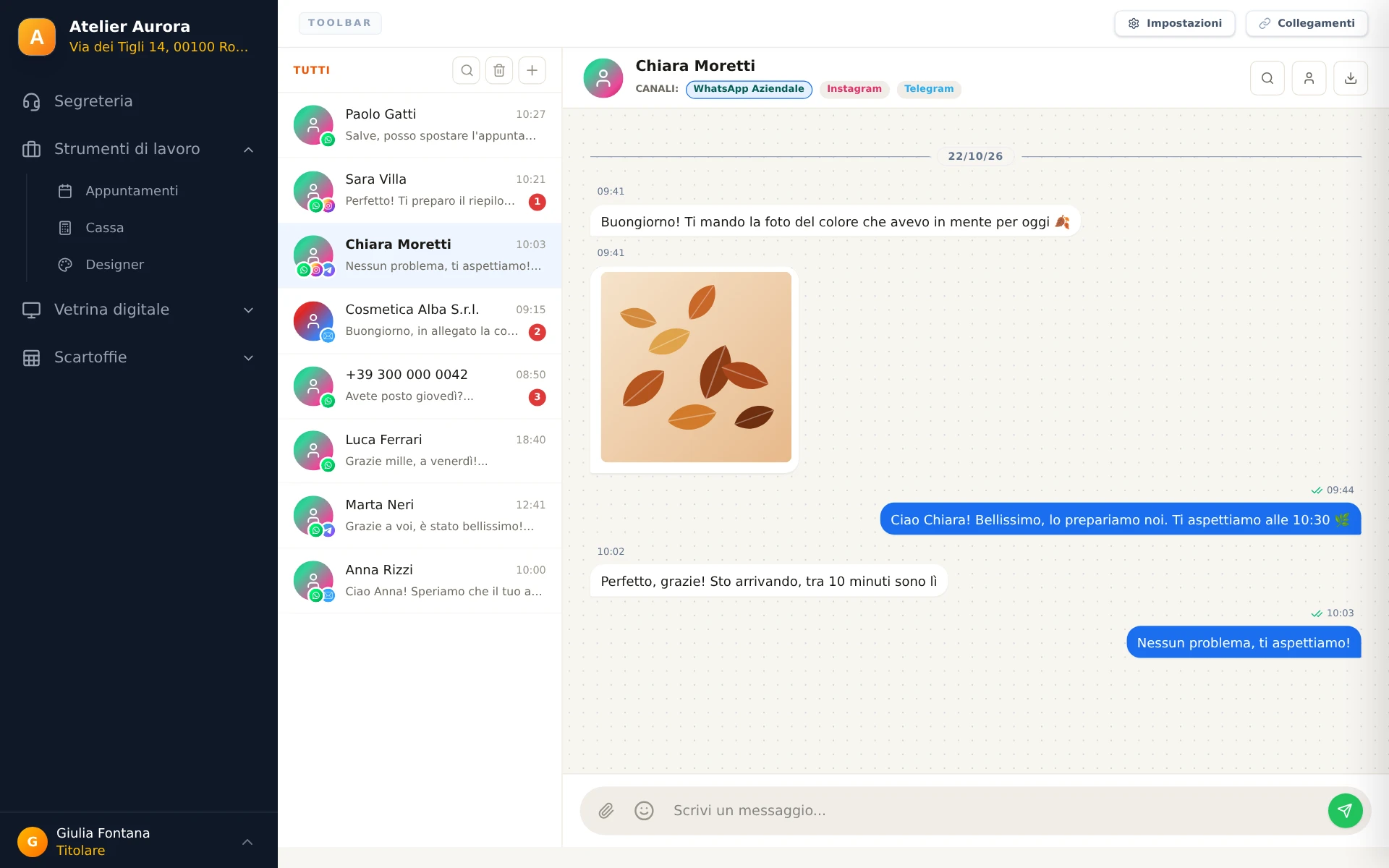La pagina Comunicazioni con l'elenco delle conversazioni a sinistra e la chat con Chiara Moretti aperta a destra.