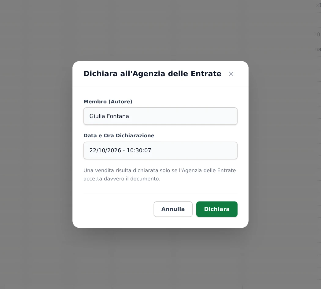 La finestra Dichiara all’Agenzia delle Entrate con autore, data e ora della dichiarazione.