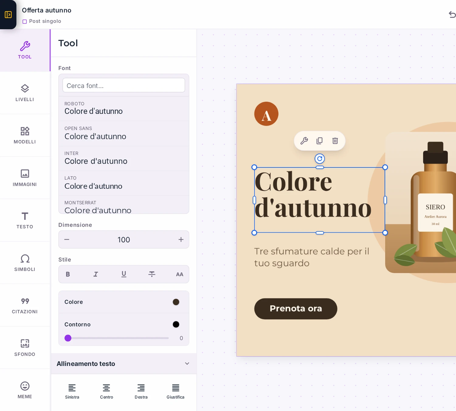 La colonna dei nove pulsanti e il pannello Tool con un testo selezionato: font, dimensione, stile, colore e allineamento.