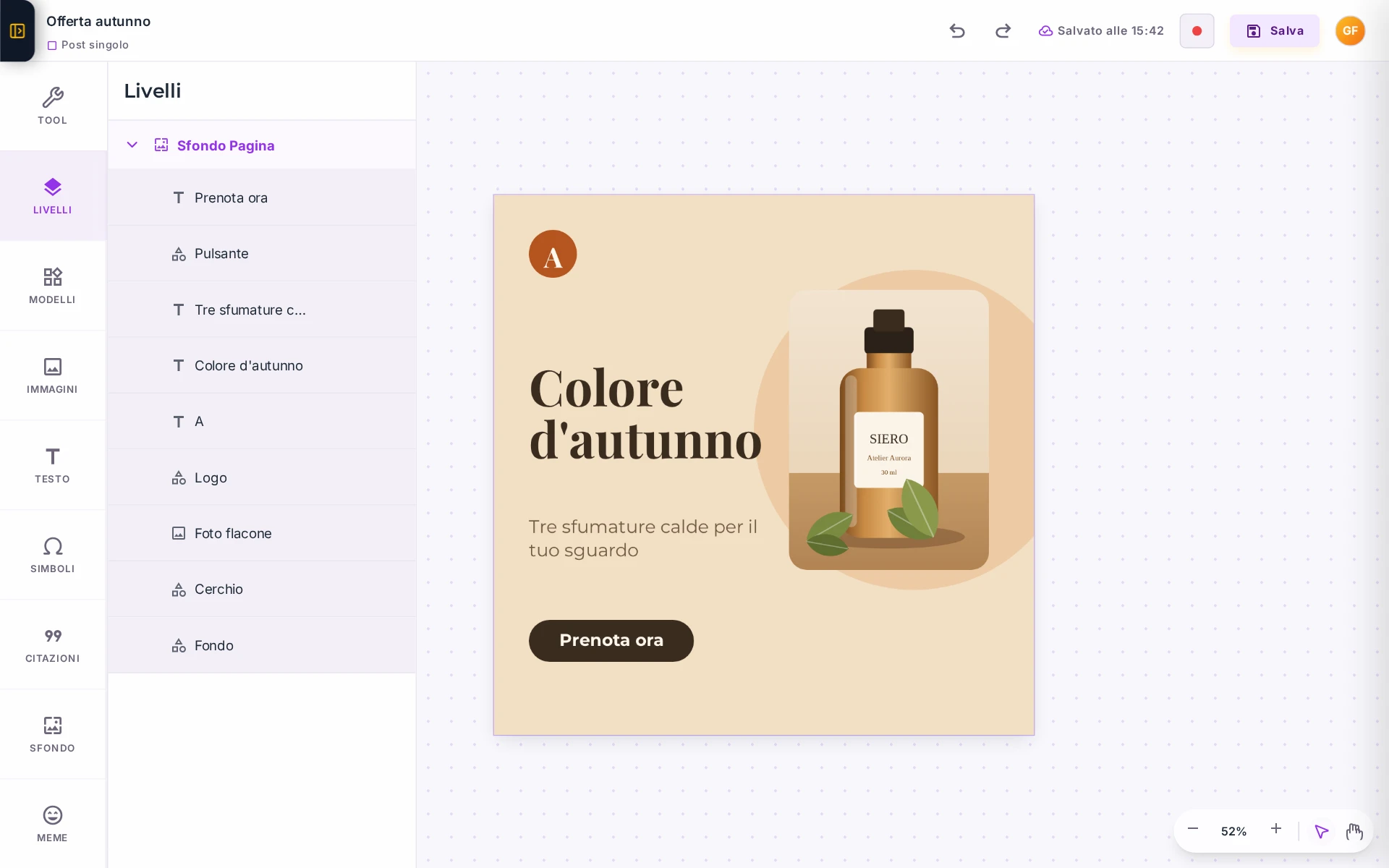 Il Designer con un post quadrato «Colore d’autunno» per Atelier Aurora, il pannello Livelli aperto e la scritta «Salvato alle 15:42».