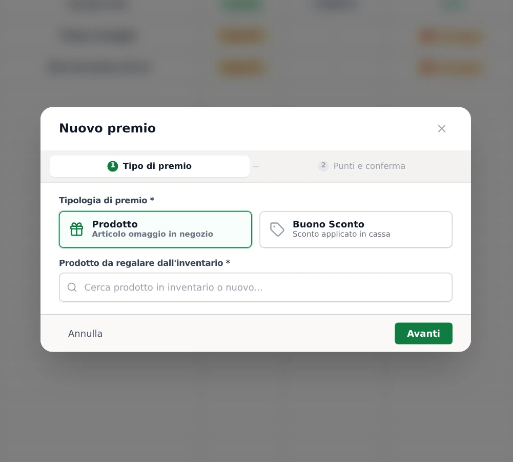 La finestra Nuovo premio con la scelta tra Prodotto e Buono Sconto.