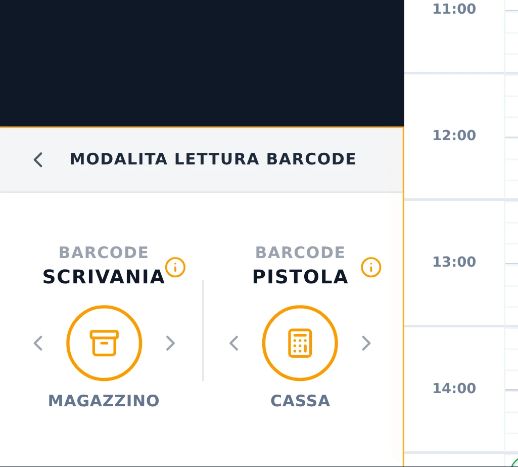 Il pannello Lettori barcode aperto, con le colonne Barcode Scrivania e Barcode Pistola e le frecce per cambiare modalità.