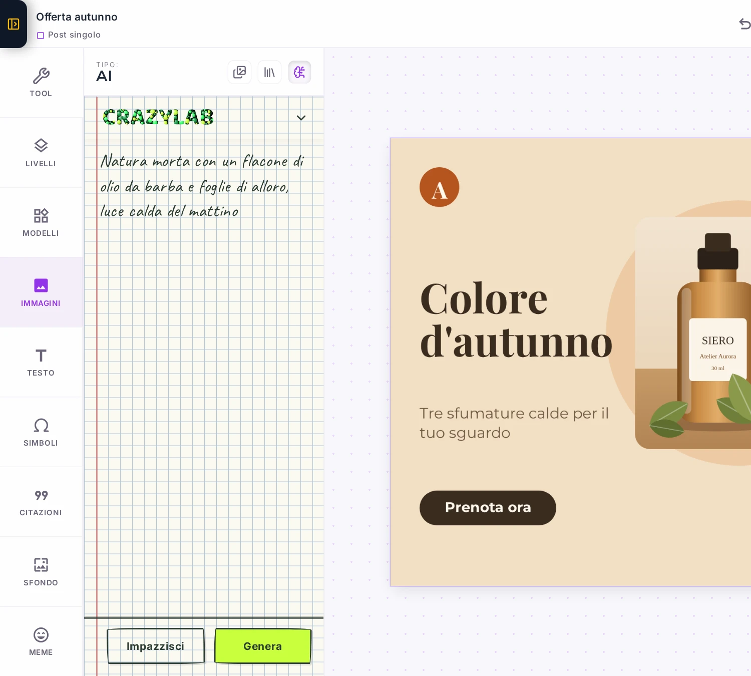 Il cassetto CRAZYLAB con la descrizione di una natura morta scritta nel campo e il pulsante Genera attivo.