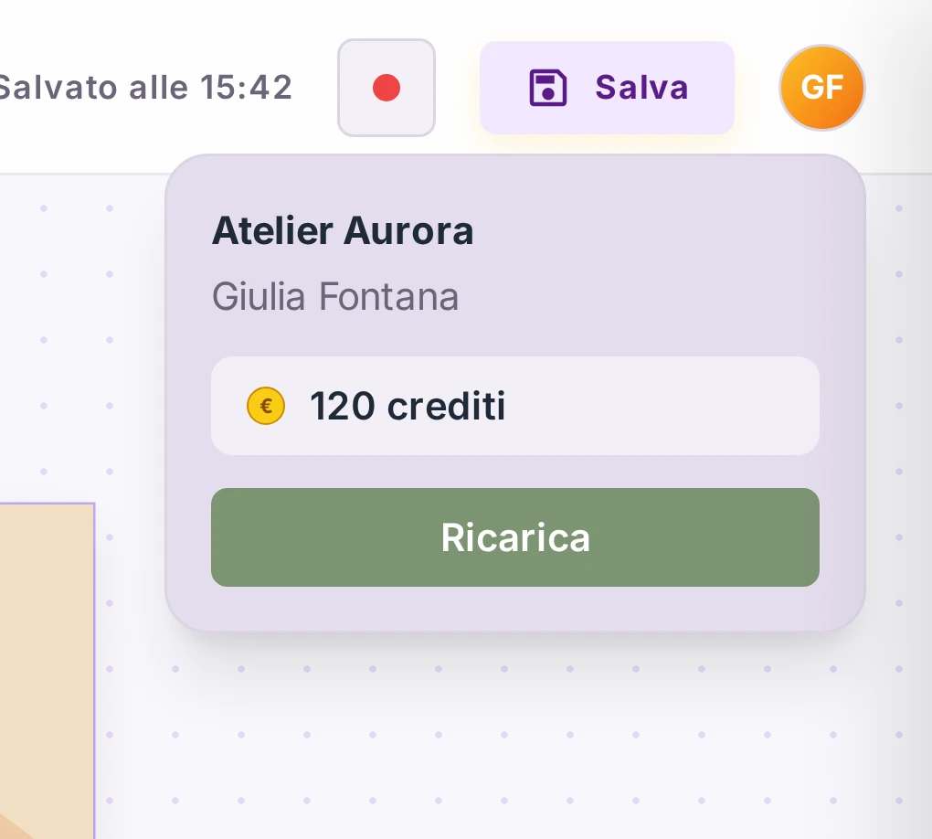 Il riquadro del profilo nel Designer, con il saldo dei crediti e il pulsante Ricarica.