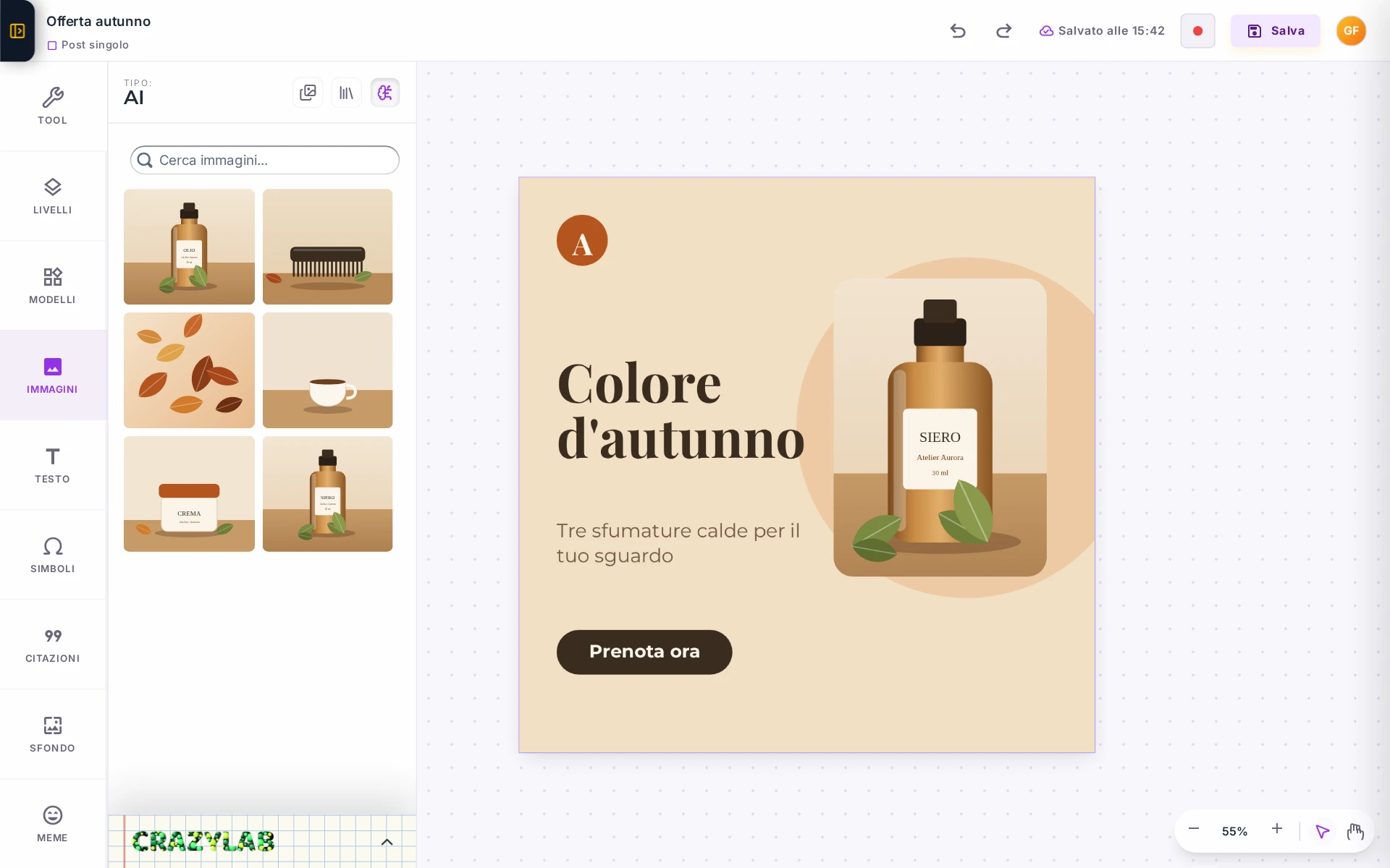 Il pannello Immagini ▸ AI del Designer con sei creazioni e un post quadrato con una delle immagini.