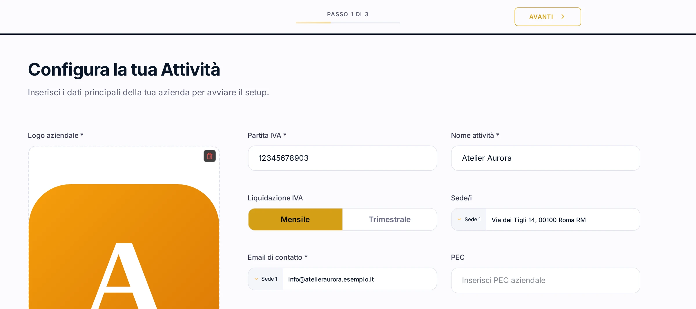 La registrazione di un’attività al primo passo, con nome, logo e barra di avanzamento.