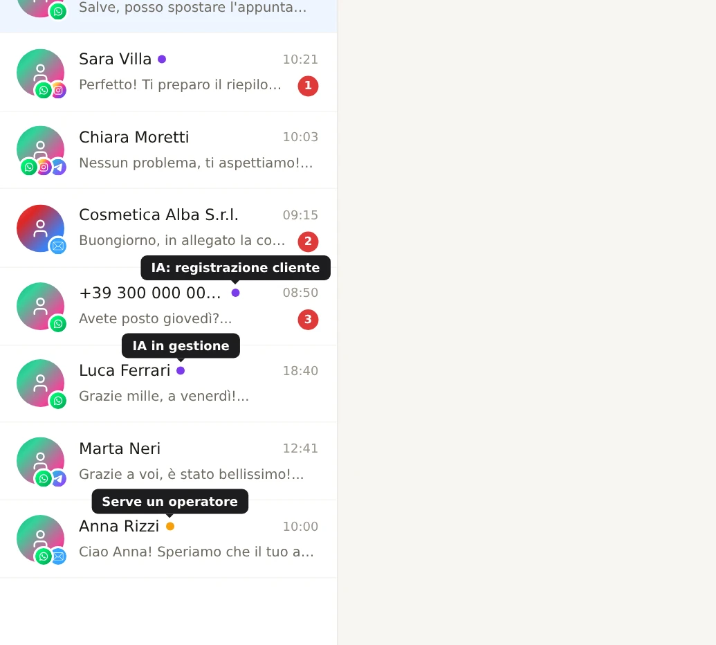 L'elenco delle conversazioni con le etichette «IA: registrazione cliente», «IA in gestione» e «Serve un operatore».