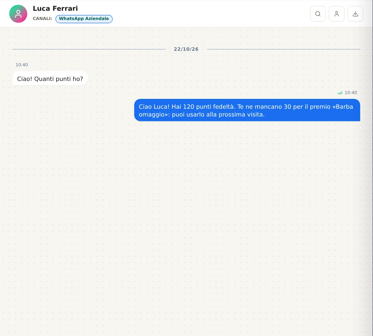 Una conversazione in cui il cliente chiede i suoi punti e l'assistente risponde con il saldo e quanto manca a un premio.