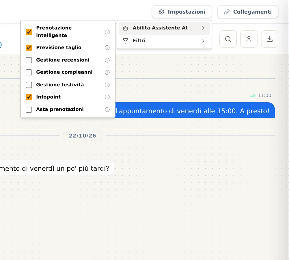 Il menu Impostazioni con la voce Abilita Assistente AI e le caselle degli interruttori.