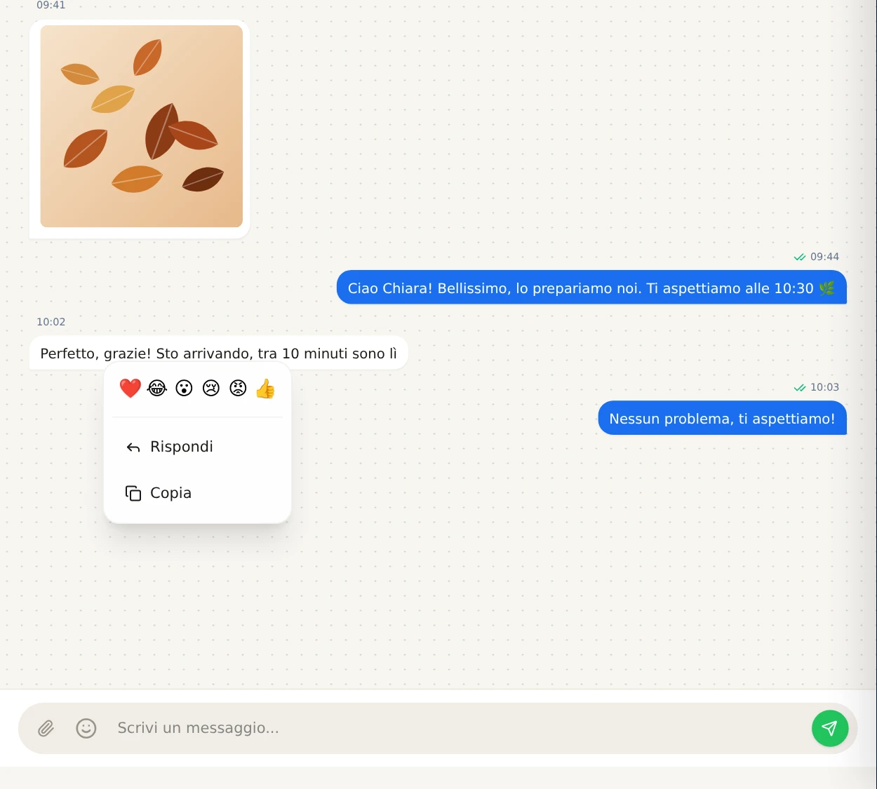 Il menu del clic destro su un messaggio: le sei reazioni, Rispondi e Copia.