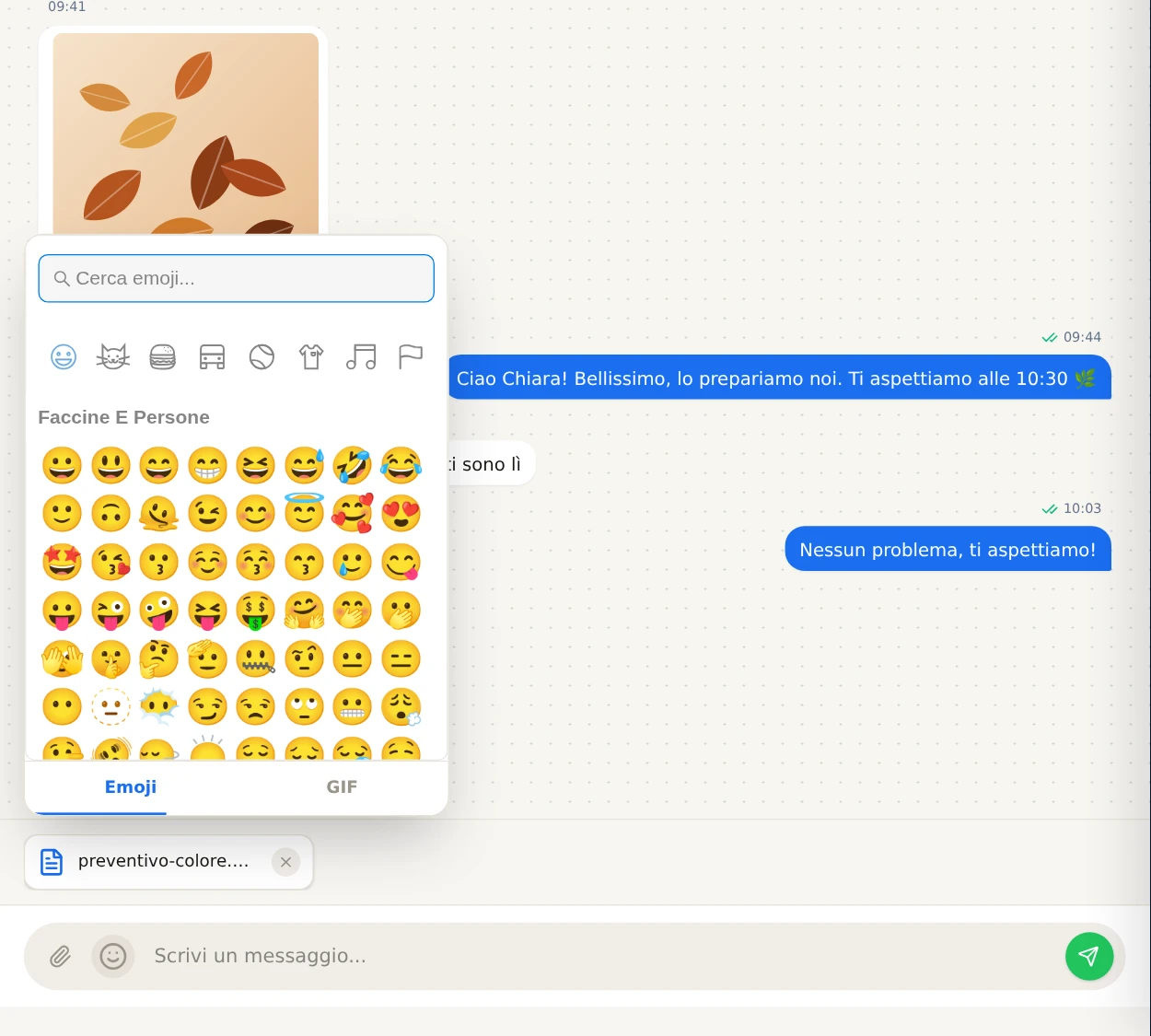 La barra di scrittura con il pannello Emoji e GIF aperto e un file preparato sopra la barra.