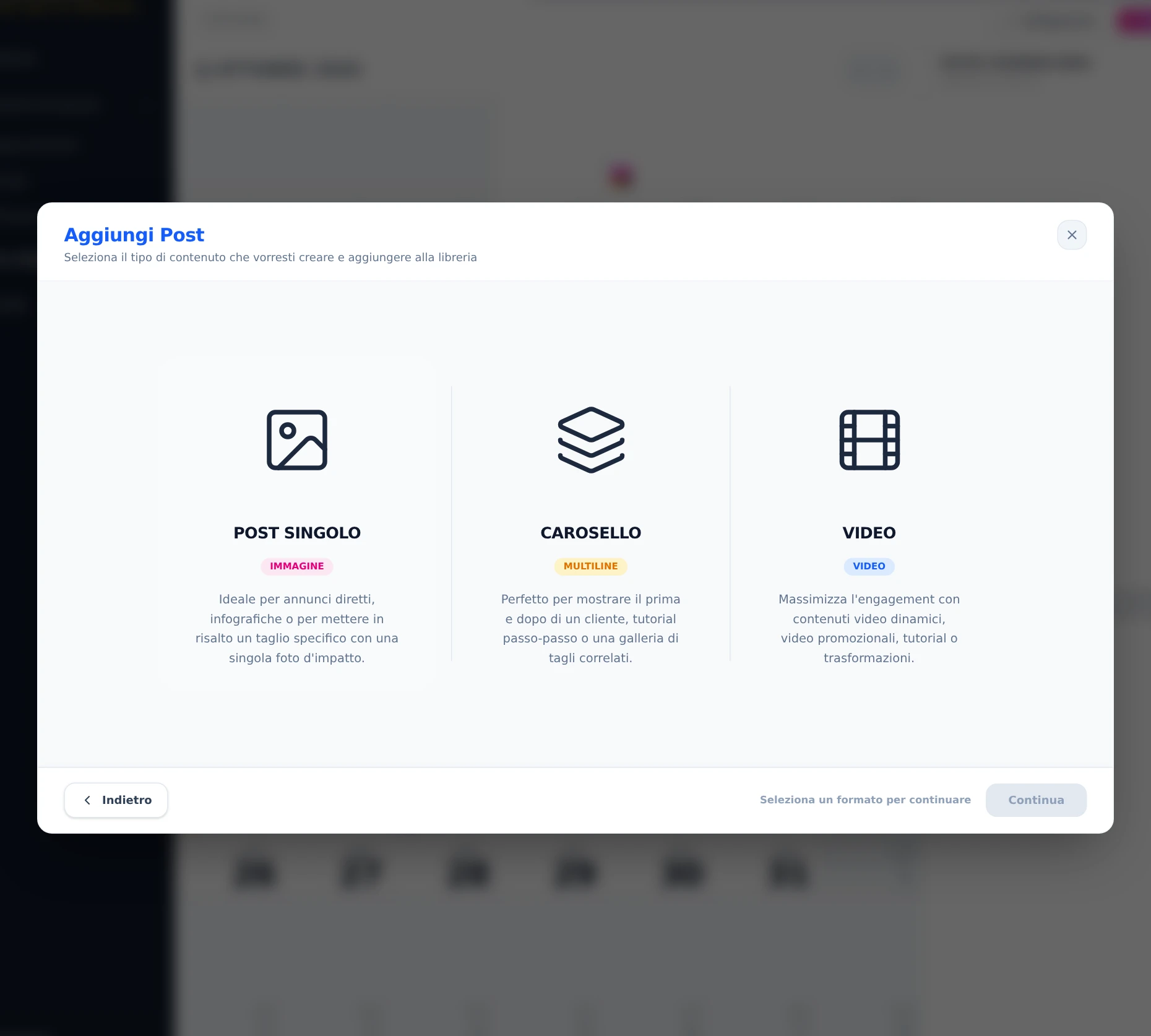La scelta del formato con le tre carte Post singolo, Carosello e Video.
