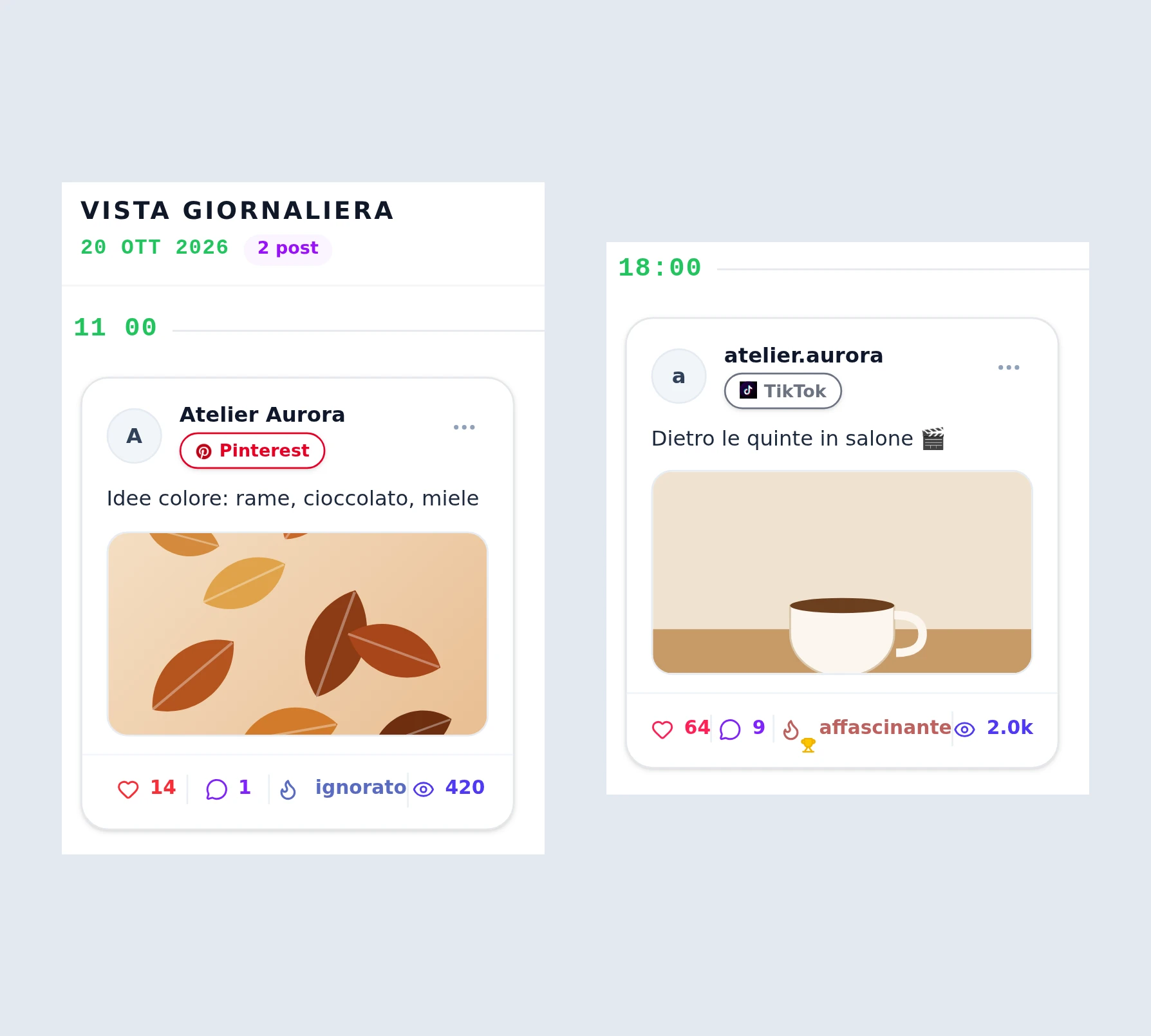 Il post pubblicato su Pinterest e quello su TikTok nel calendario, affiancati.