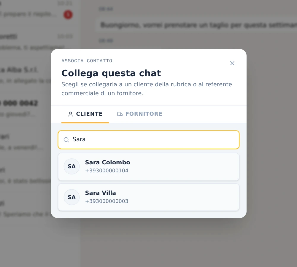 La finestra «Collega questa chat» con la ricerca di un cliente e due risultati.