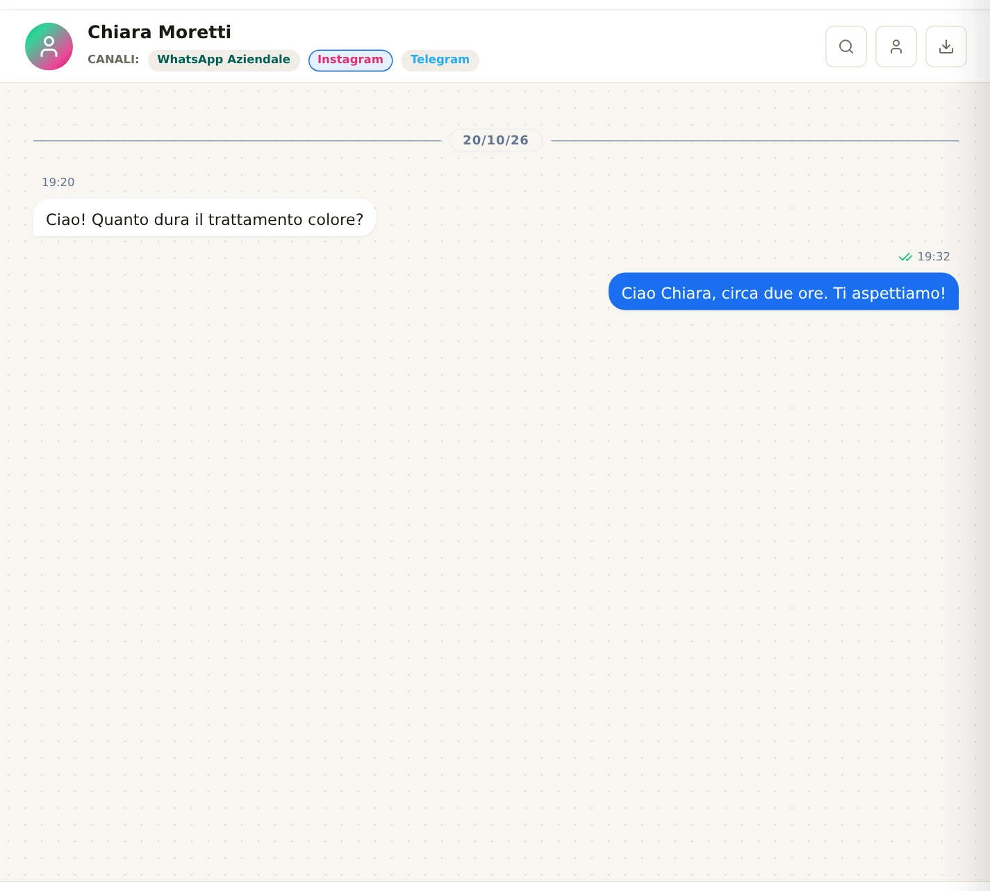 L'intestazione di una conversazione con i pulsanti dei canali del cliente e quello attivo evidenziato.