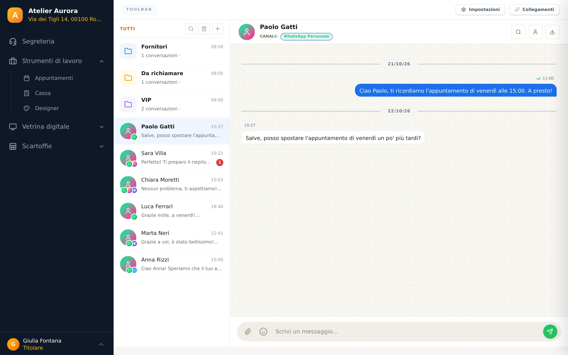 Le chat collegate alle schede dei clienti.