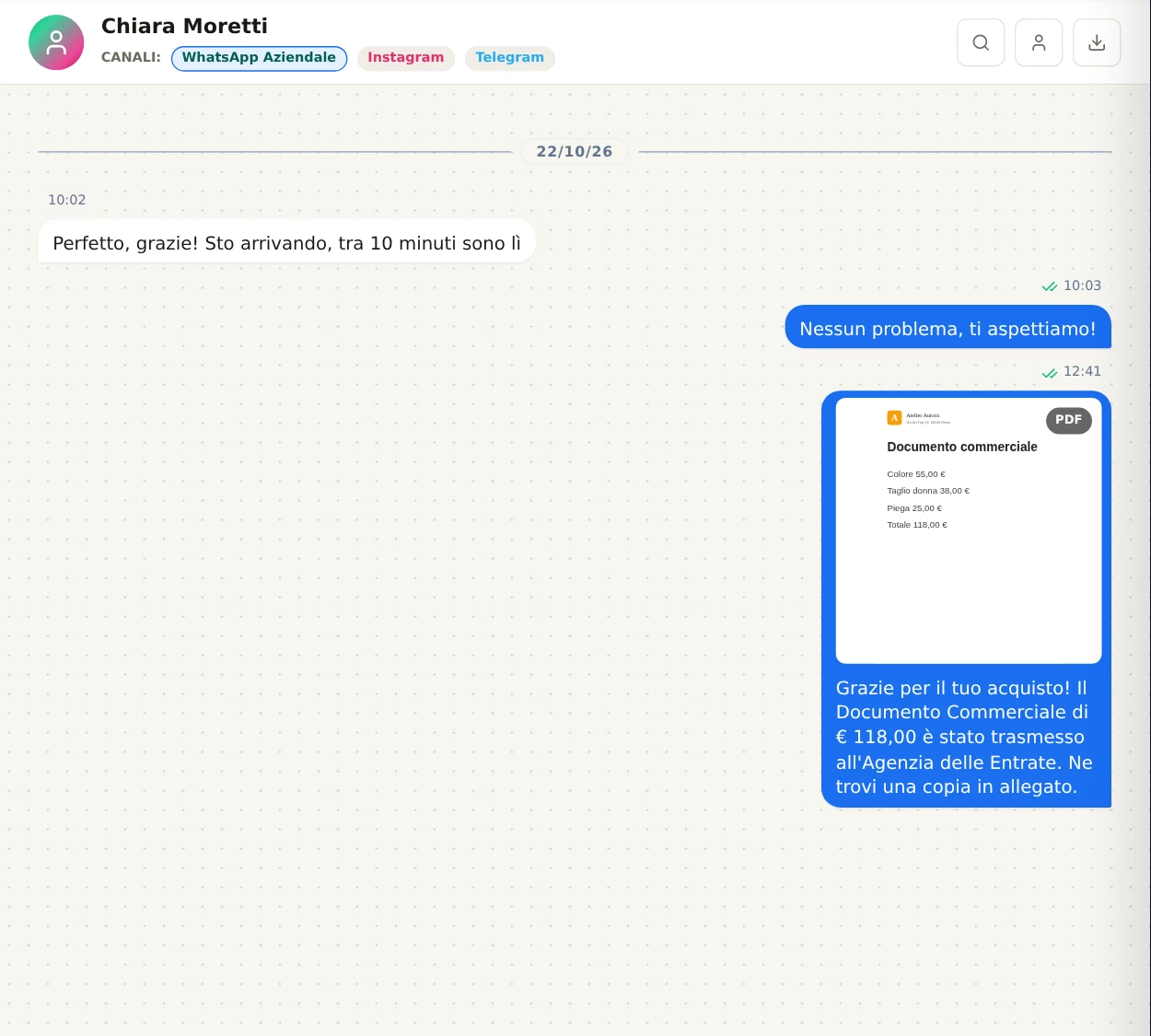 Una conversazione WhatsApp con il messaggio che accompagna il documento commerciale in PDF.