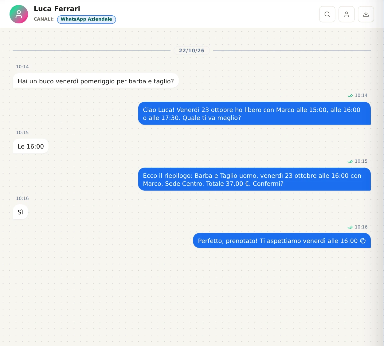 Gli ultimi tre scambi della conversazione: il riepilogo con il prezzo, «Confermi?» e la risposta «sì».