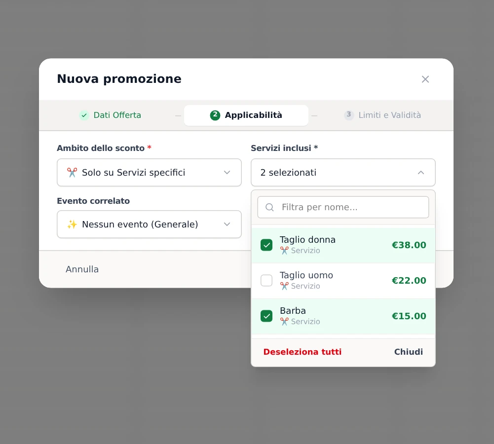La finestra Nuova promozione al passo Applicabilità, con l’ambito «Solo su Servizi specifici».