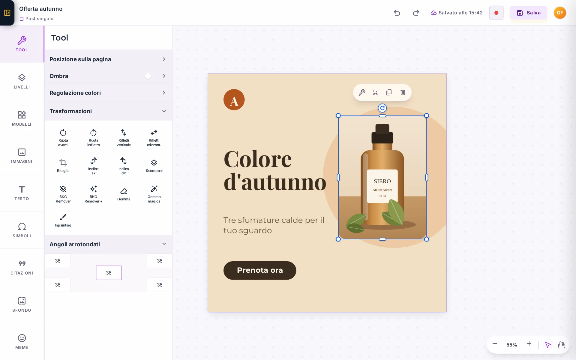 Il pannello Tool del Designer con il blocco Trasformazioni aperto e gli strumenti di ritocco per una foto di prodotto selezionata.