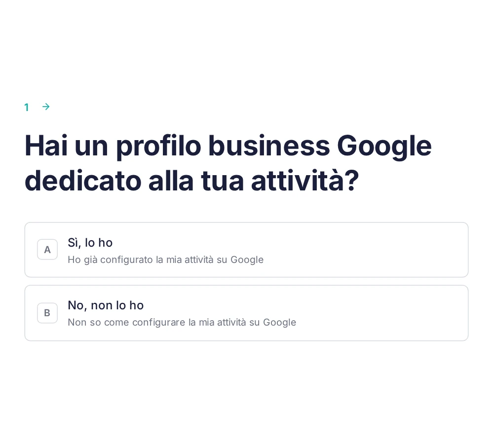 La prima domanda della procedura: «Hai un profilo business Google dedicato alla tua attività?» con le risposte A e B.