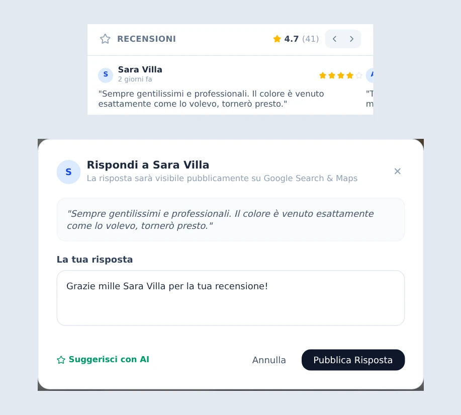 Una recensione a quattro stelle e la finestra per rispondere con il campo compilato.