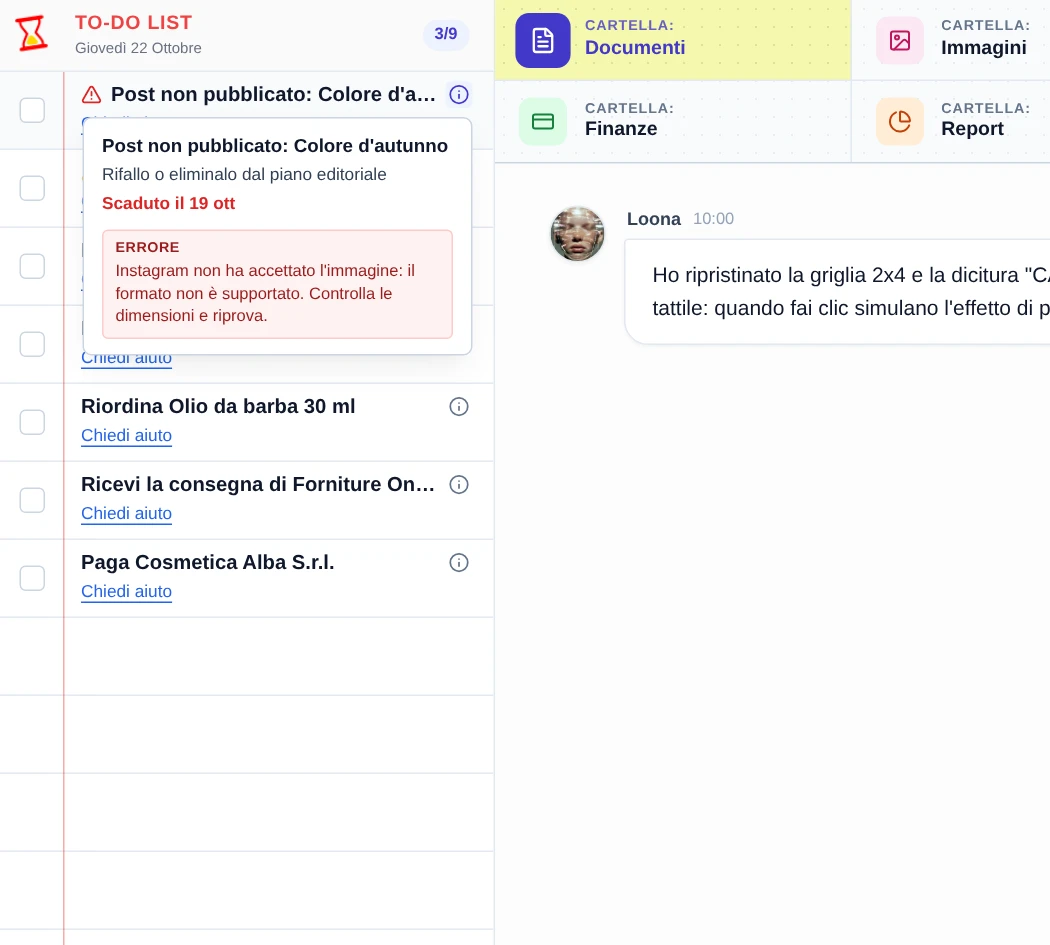 Il fumetto Dettagli aperto su un post non pubblicato, con il riquadro Errore.
