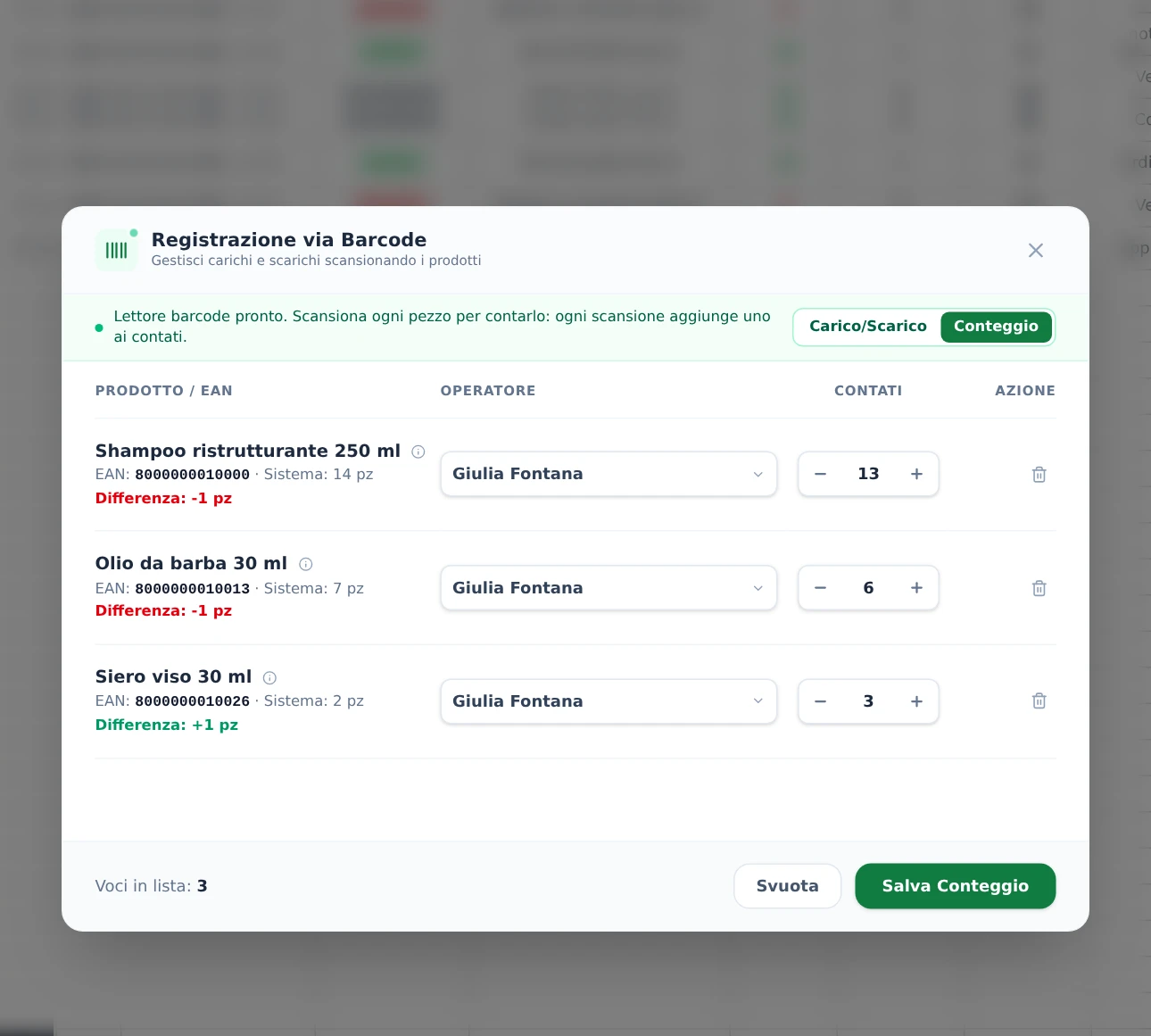 La finestra Registrazione via Barcode in modalità Conteggio, con le differenze rispetto al sistema.