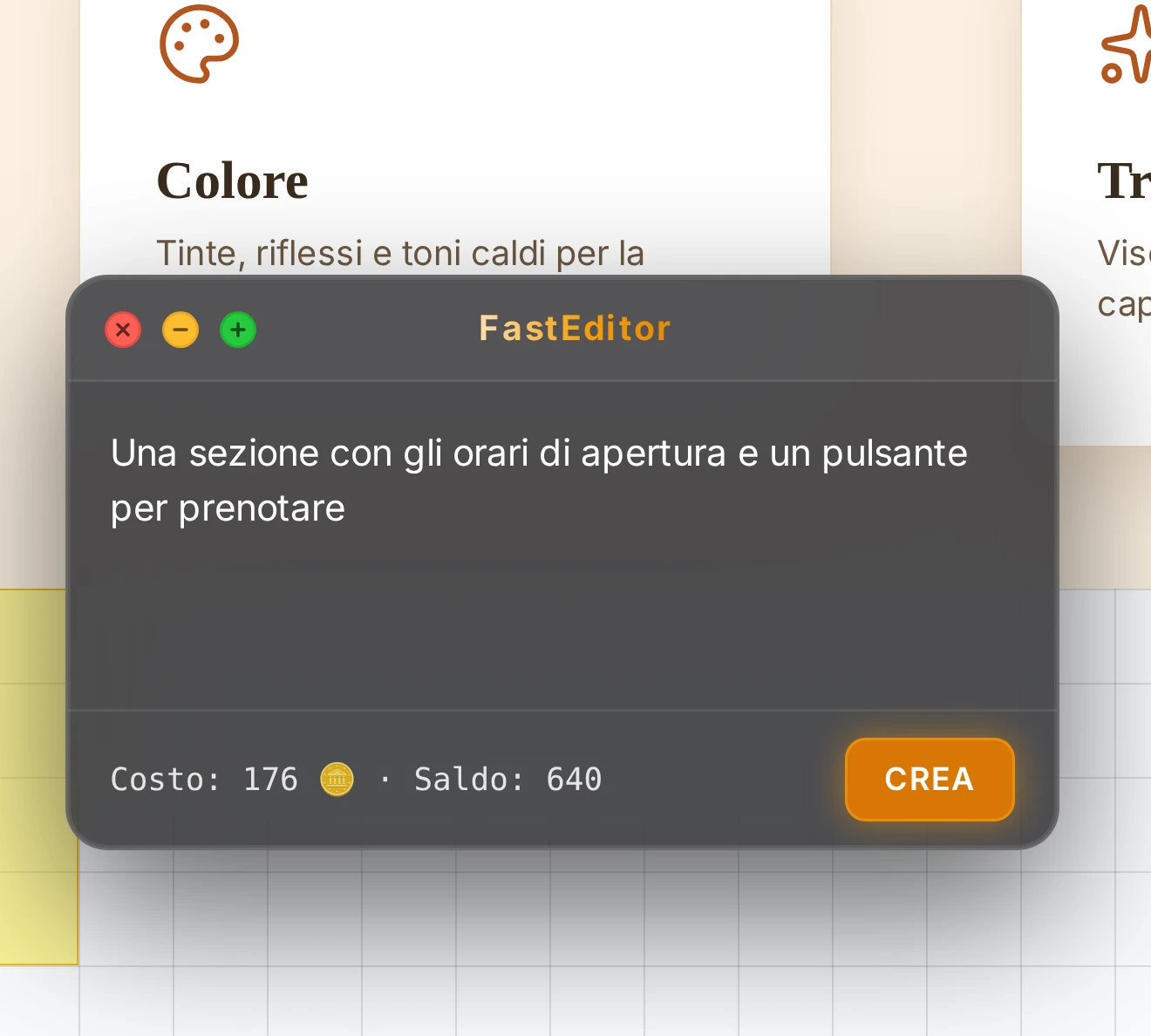 La finestra FastEditor con il numero di blocchi, il testo della richiesta e la riga con costo e saldo.