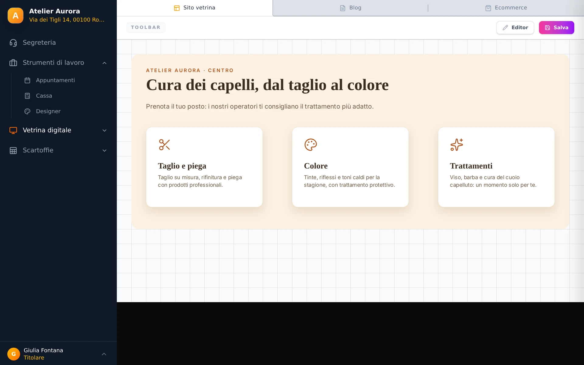 La pagina Sito web con la tela a blocchi e una sezione generata.