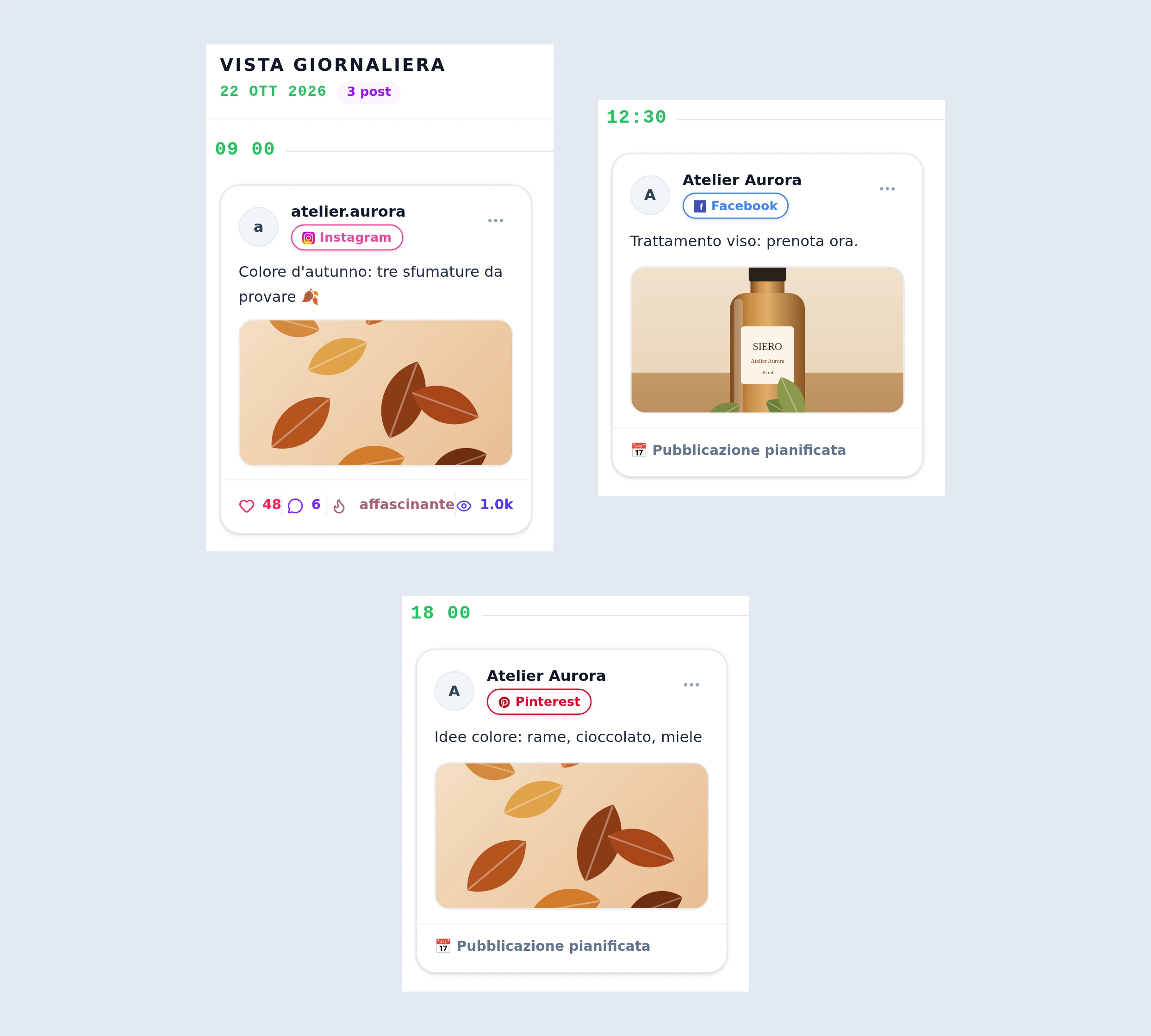 La vista giornaliera con tre post: un carosello su Instagram, un’immagine su Facebook e un Pin su Pinterest.