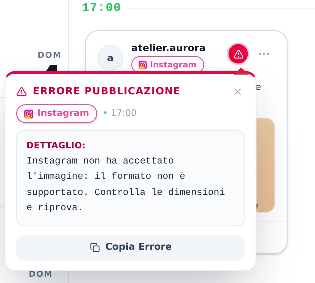 La scheda di un post con il triangolo rosso e la finestrella dell’errore aperta.