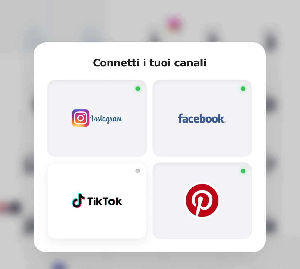 La finestra Connetti i tuoi canali con le carte di Instagram, Facebook, TikTok e Pinterest.