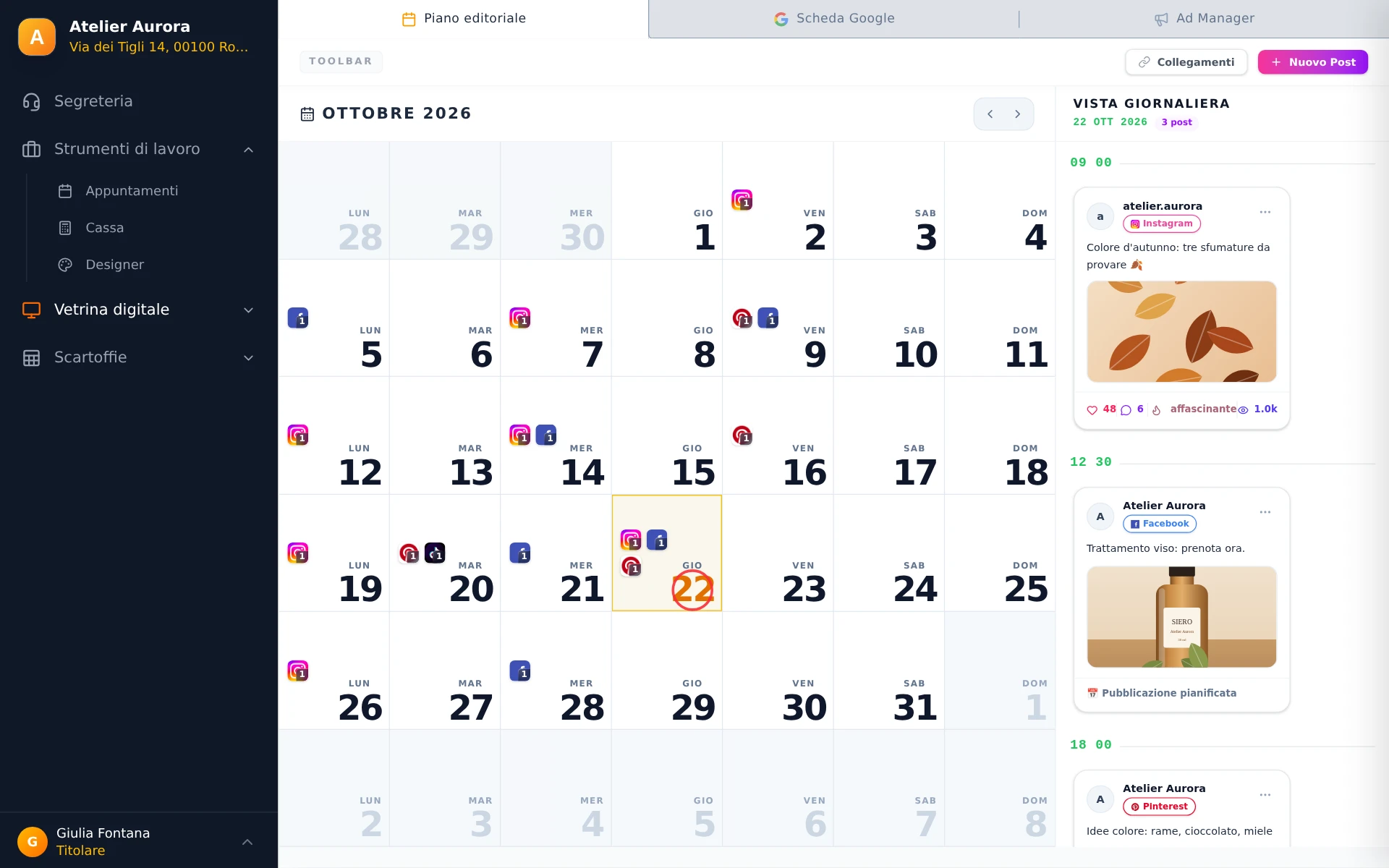 Il piano editoriale: il calendario di ottobre 2026 e la vista giornaliera con tre post pianificati.