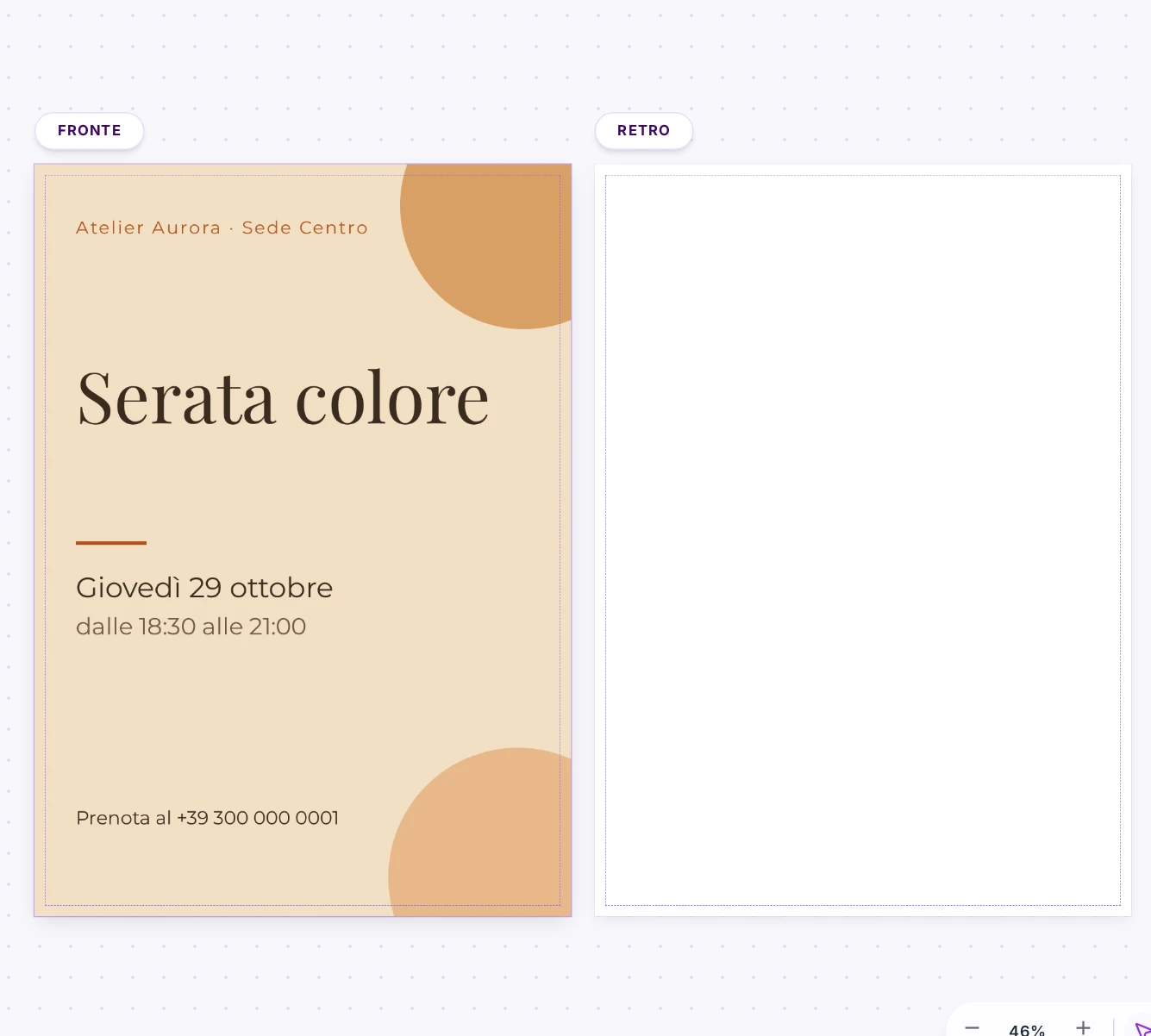 Il fronte di un volantino A5 con il fondo fino al bordo e la linea viola tratteggiata del taglio.