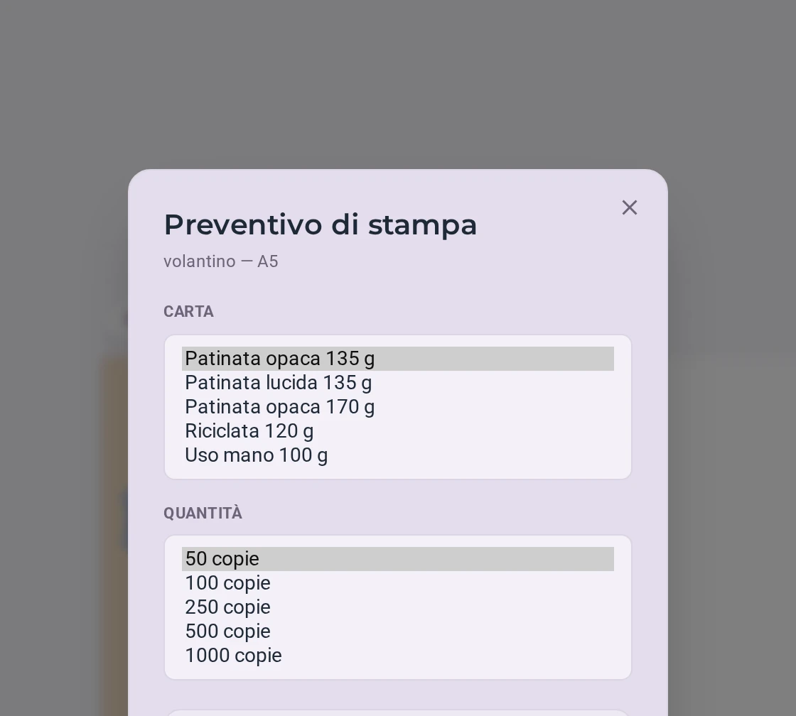 La finestra «Preventivo di stampa» di un volantino A5 con i menu della carta e della quantità aperti.