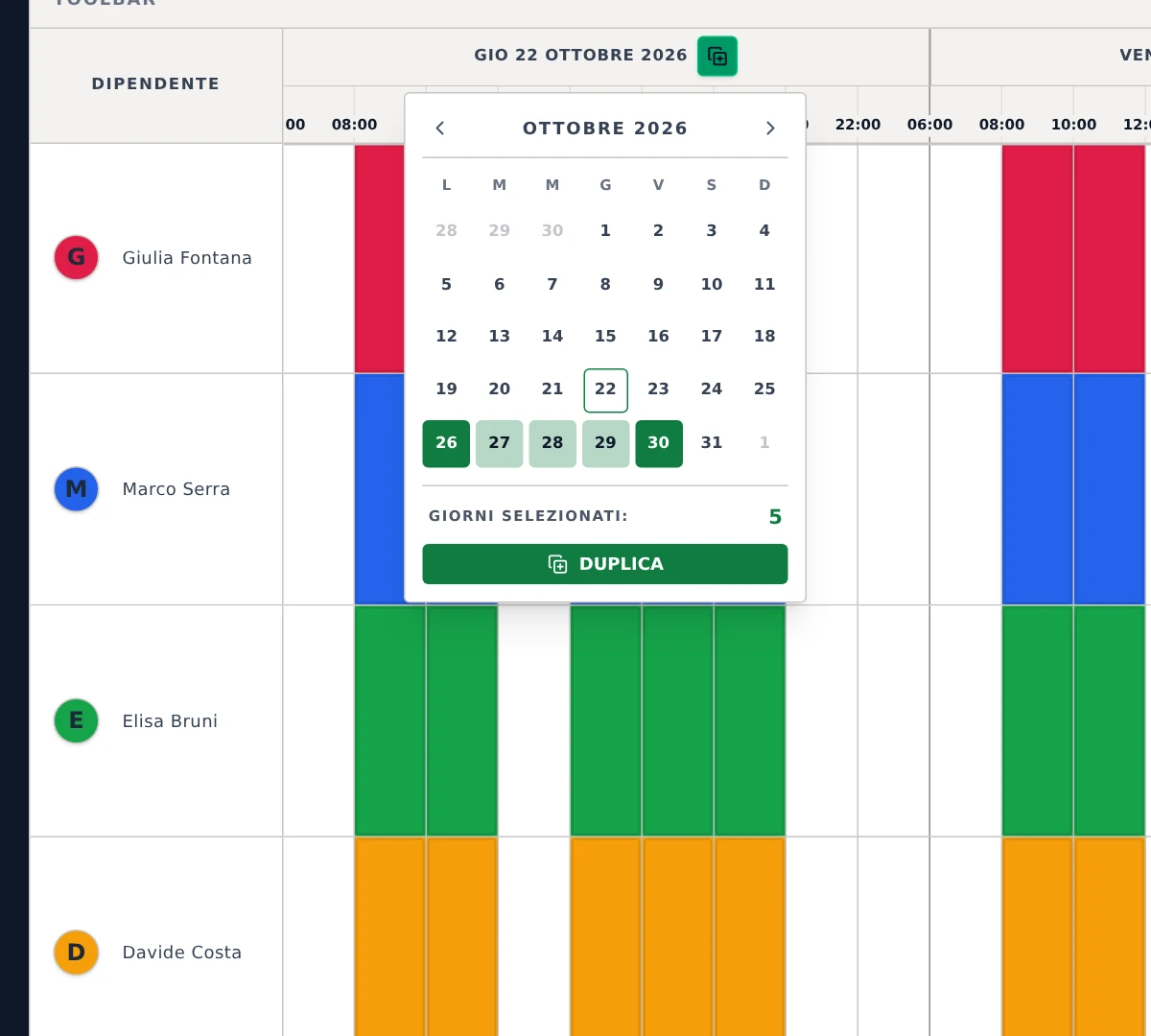 Il pulsante Duplica orari di un giorno e il mini-calendario con cinque giorni di destinazione.