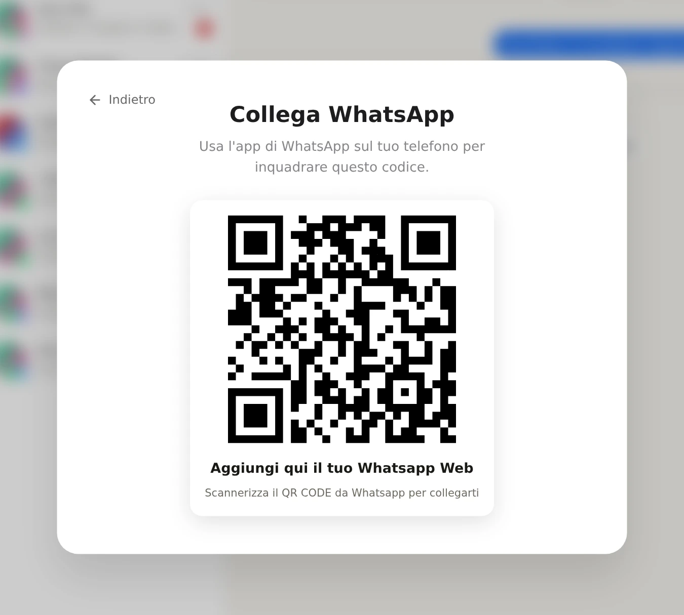 La schermata con il codice QR da inquadrare dal telefono per collegare WhatsApp.