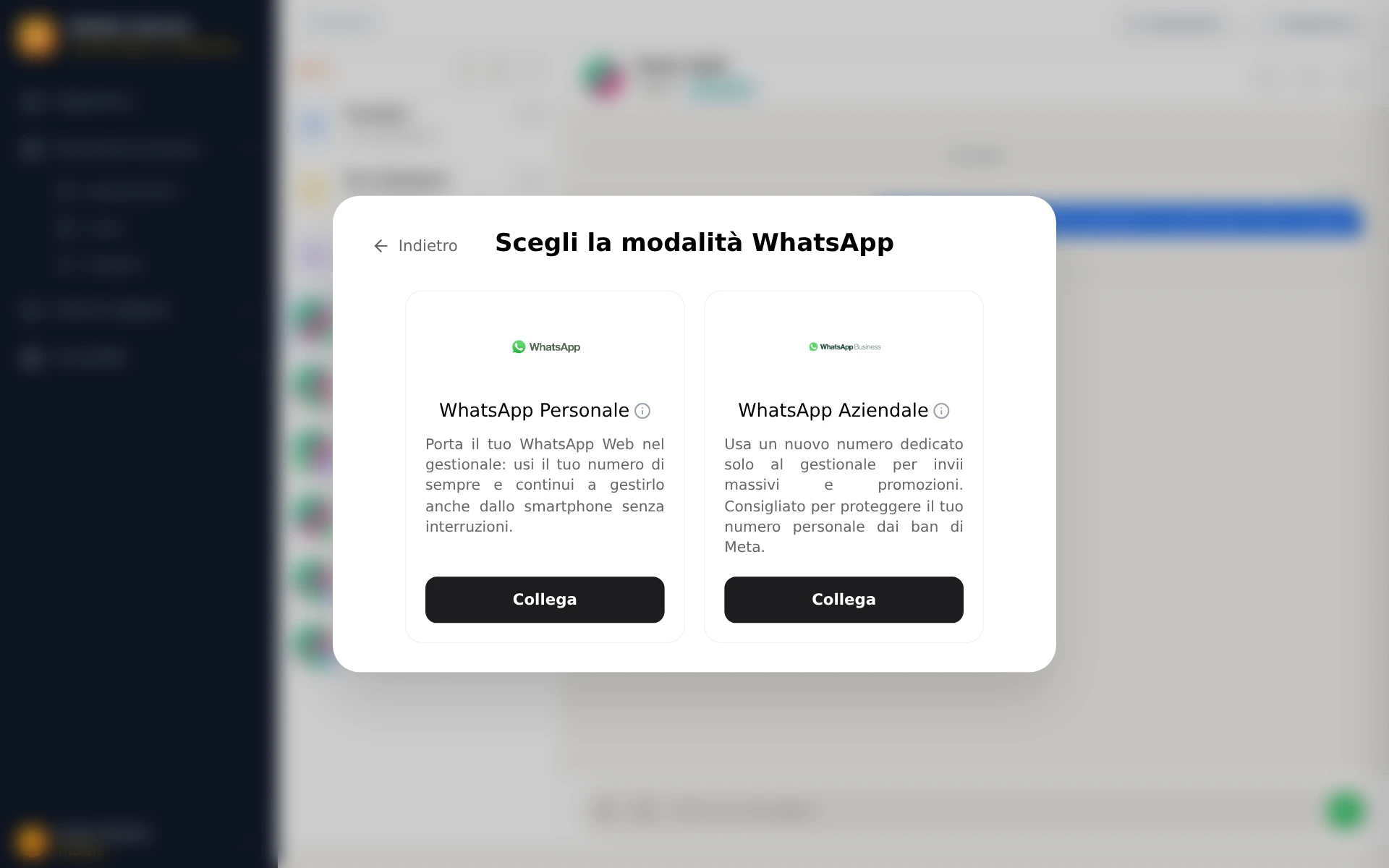 La schermata «Scegli la modalità WhatsApp» con le due carte, WhatsApp Personale e WhatsApp Aziendale.